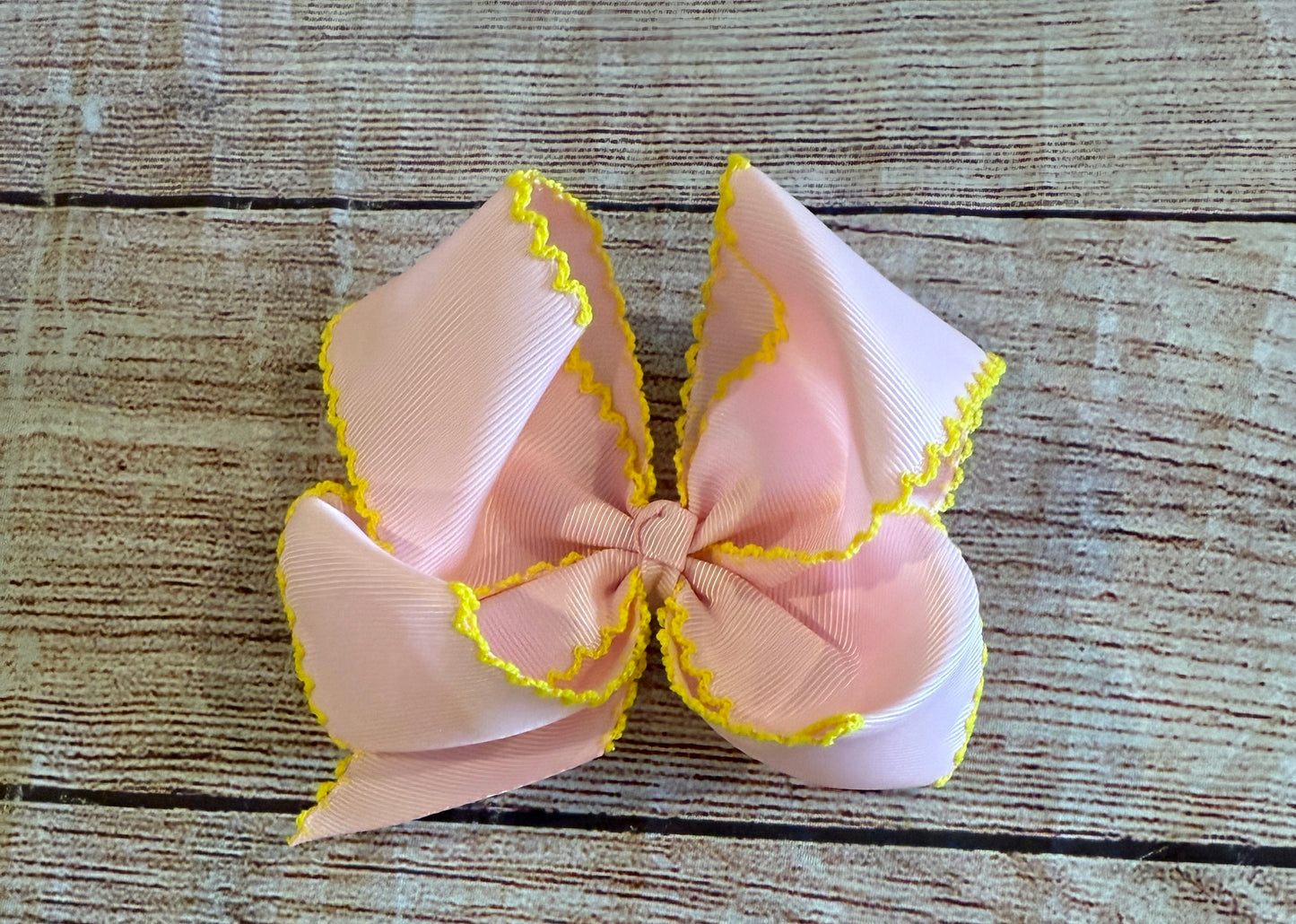 PINK HAIR BOW w/ YELLOW MOONSTITCH & ALLIGATOR CLIP