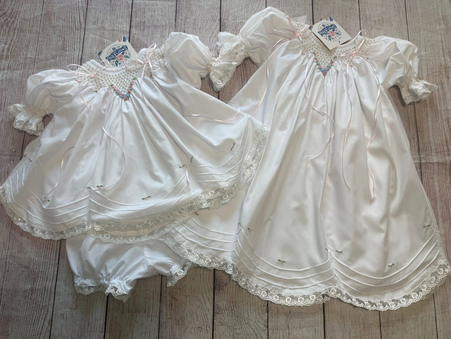 WHITE HEIRLOOM SMOCKED EMBROIDERED FLORAL DRESS w/ PEARLS & SATIN RIBBONS (heirloom #2)