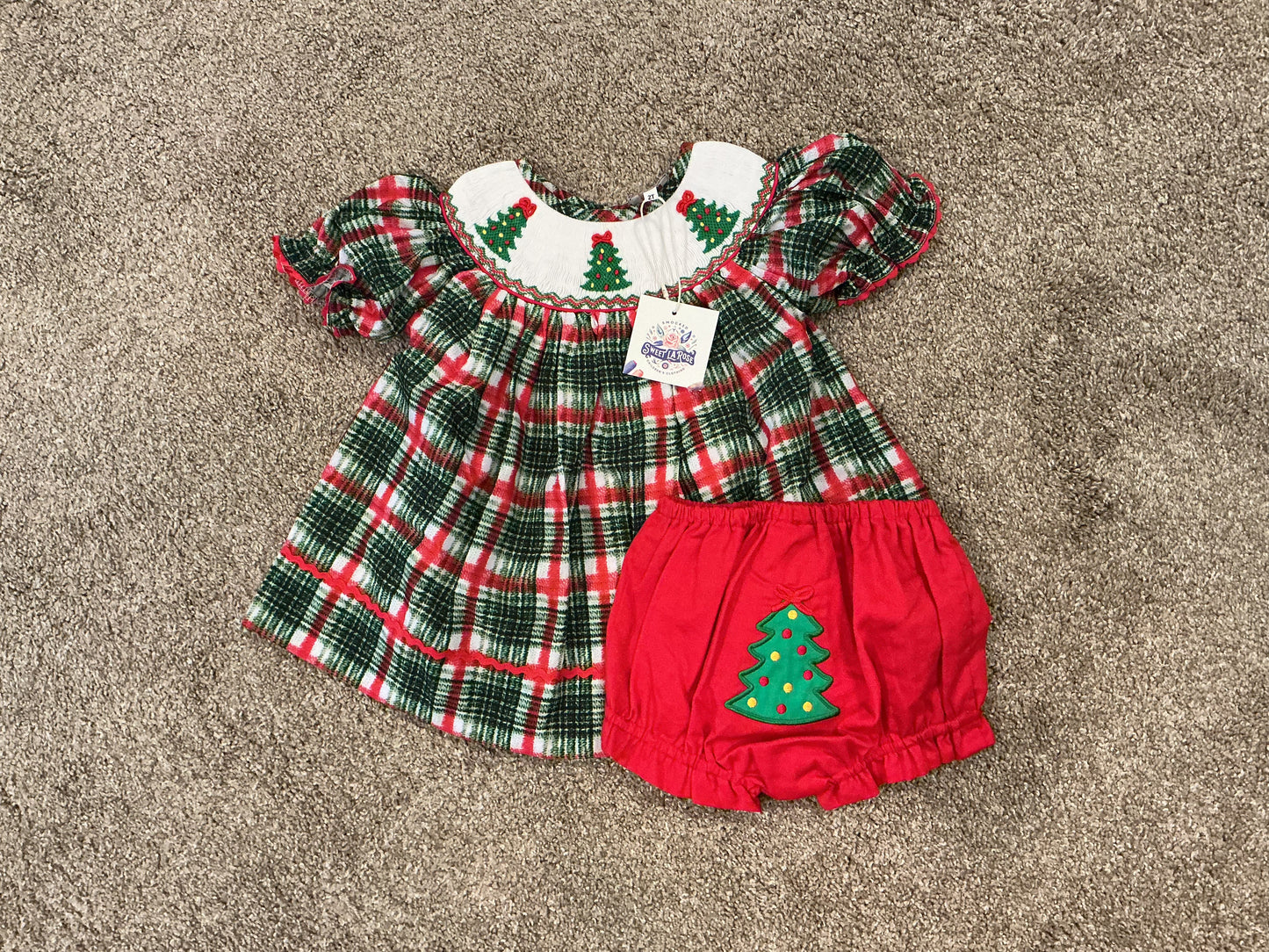 SMOCKED CHRISTMAS TREE PLAID BLOOMER SET // READY TO SHIP