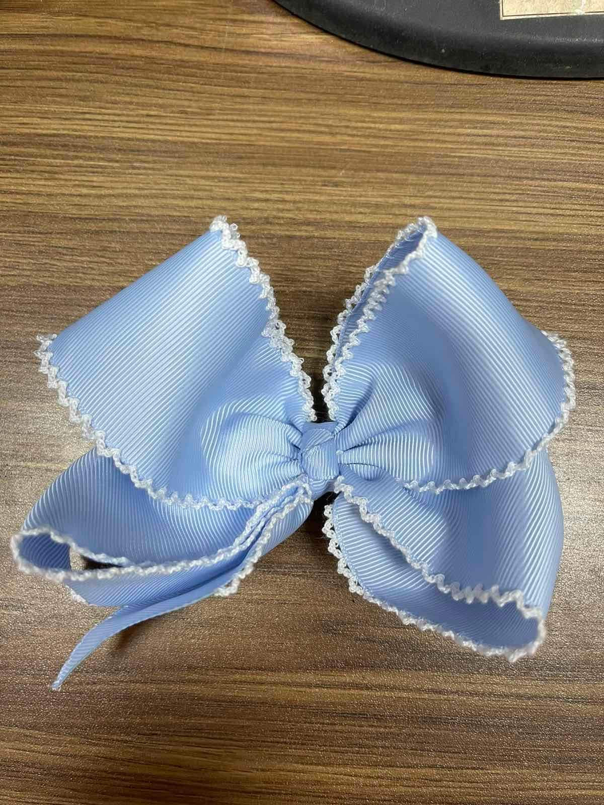 LIGHT BLUE HAIR BOW w/ WHITE MOONSTITCH & ALLIGATOR CLIP