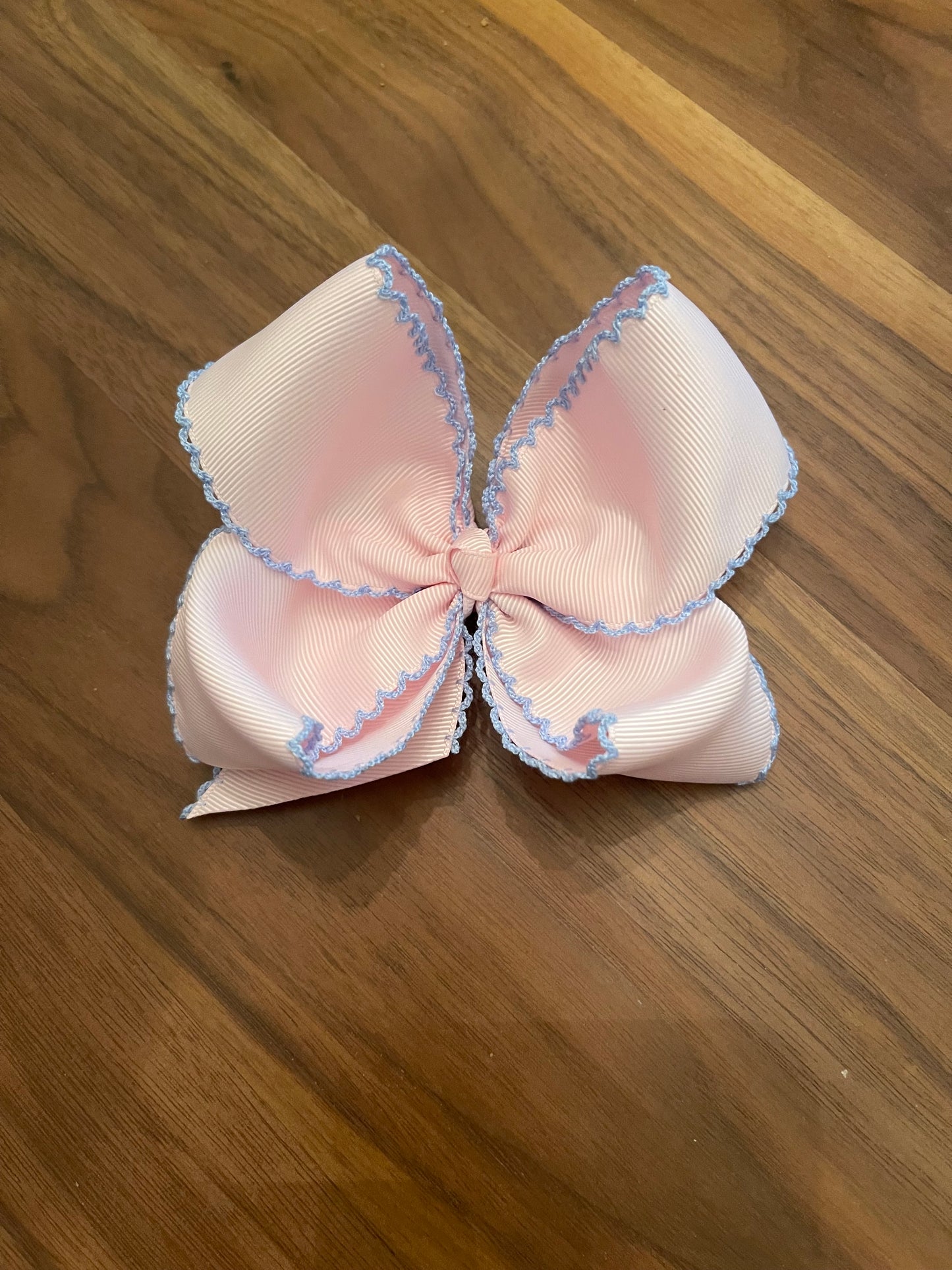 LIGHT PINK HAIR BOW w/ BLUE MOONSTITCH & ALLIGATOR CLIP