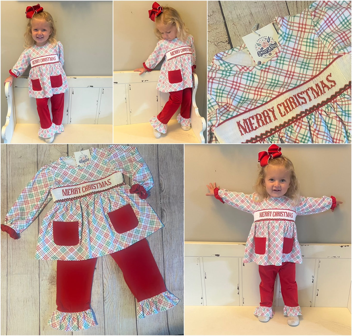 RED / GREEN DIAGONAL PLAID "MERRY CHRISTMAS" KNIT PANT SET (READY TO SHIP) (po187a)