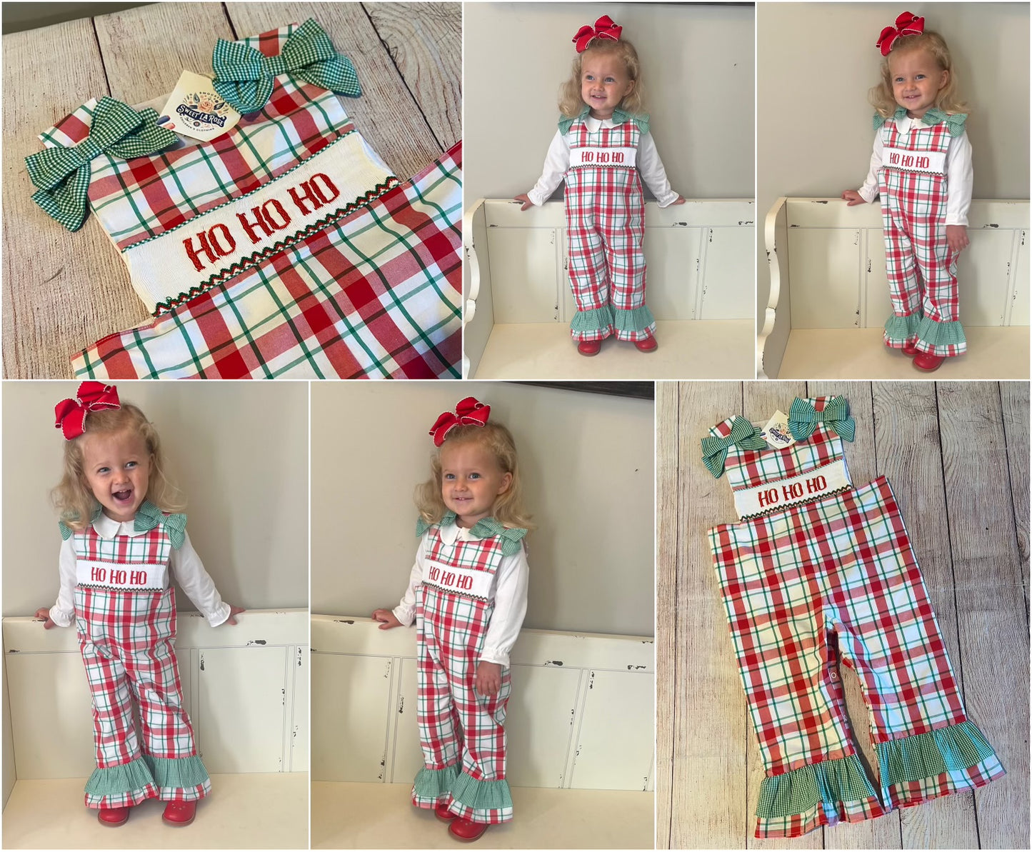 CHRISTMAS PLAID RUFFLE (HO HO HO ) OVERALLS (po182 extras)