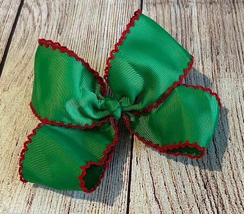 GREEN HAIRBOW w/ RED MOONSTITCH & ALLIGATOR CLIP
