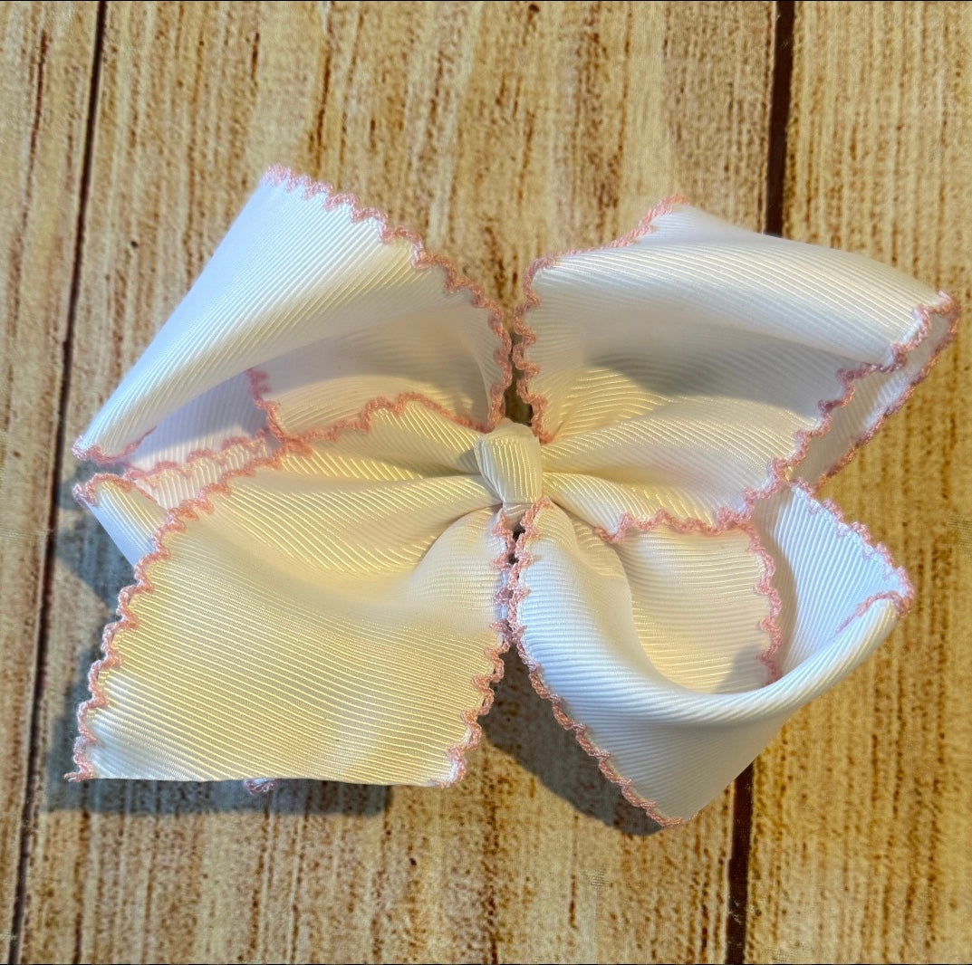 WHITE w/ PINK MOONSTITCH HAIRBOW w/ ALLIGATOR CLIP