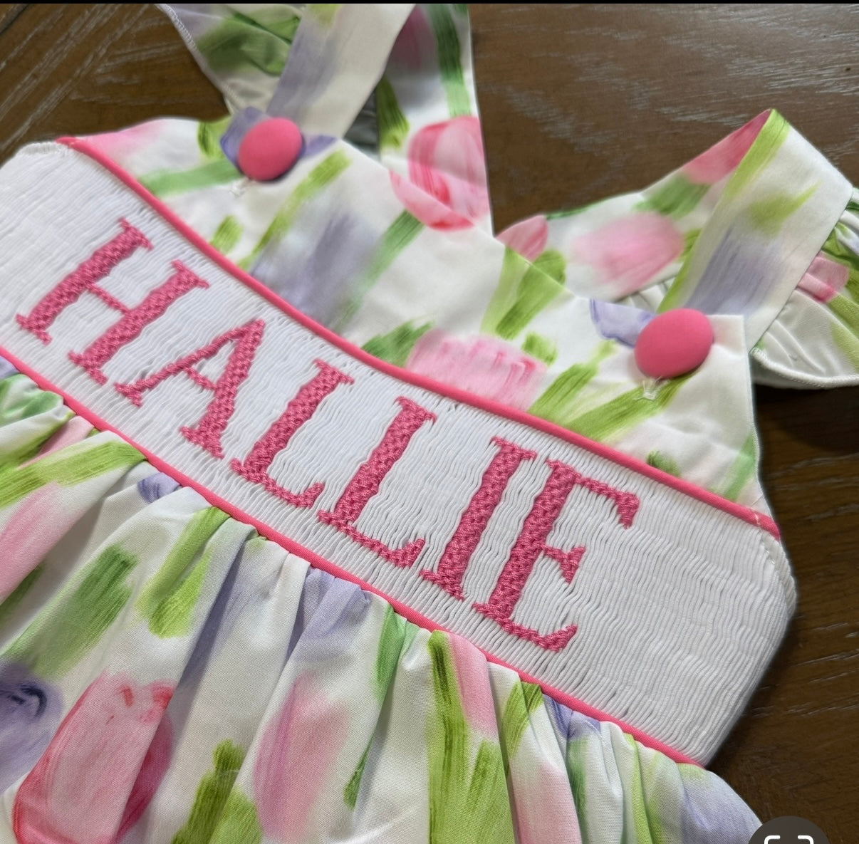 HAND SMOCKED TULIP BOW NAME DRESS / ETA MID TO LATE FEBRUARY (spring #2)