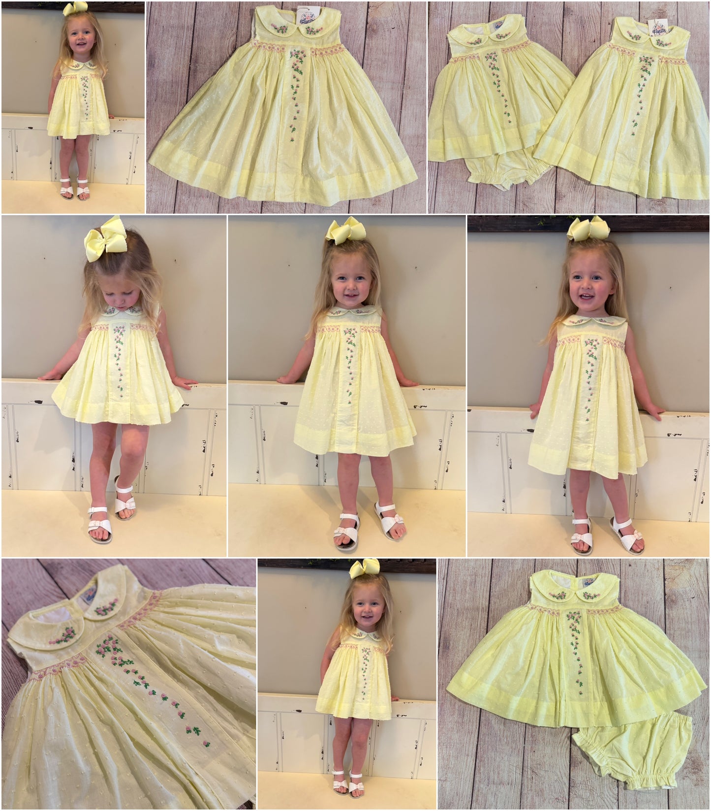 YELLOW DOT SWISS DRESS w/ HAND EMBROIDERED FLOWERS (fully lined) (order211a)