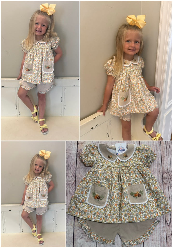 FALL FLORAL EMBROIDERED COLLAR & POCKETS SHORT SET WITH LACE // ETA MID TO LATE JUNE (po220 extras)