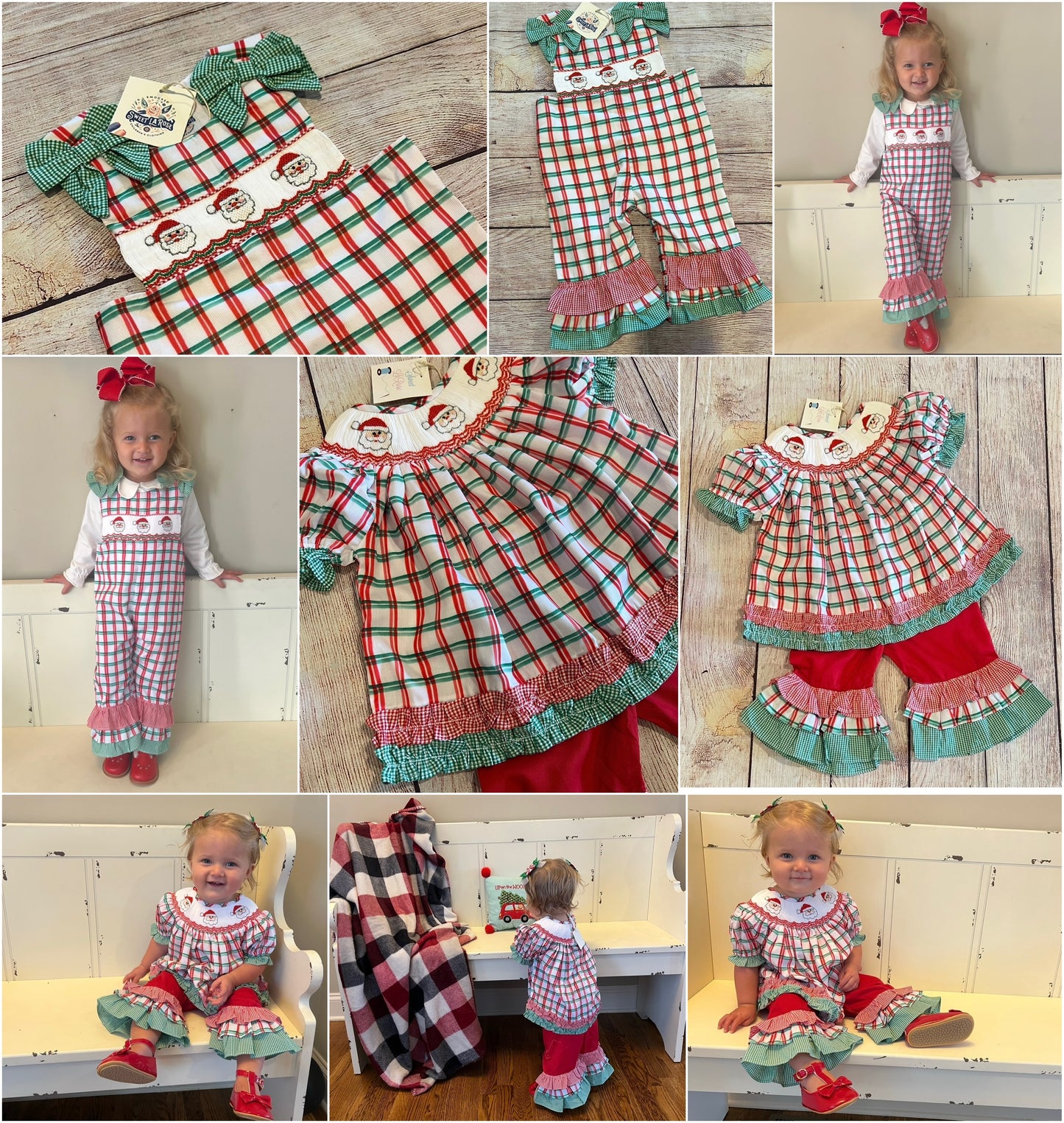 HAND SMOCKED SANTA OVERALLS w/ RUFFLES & BOWS