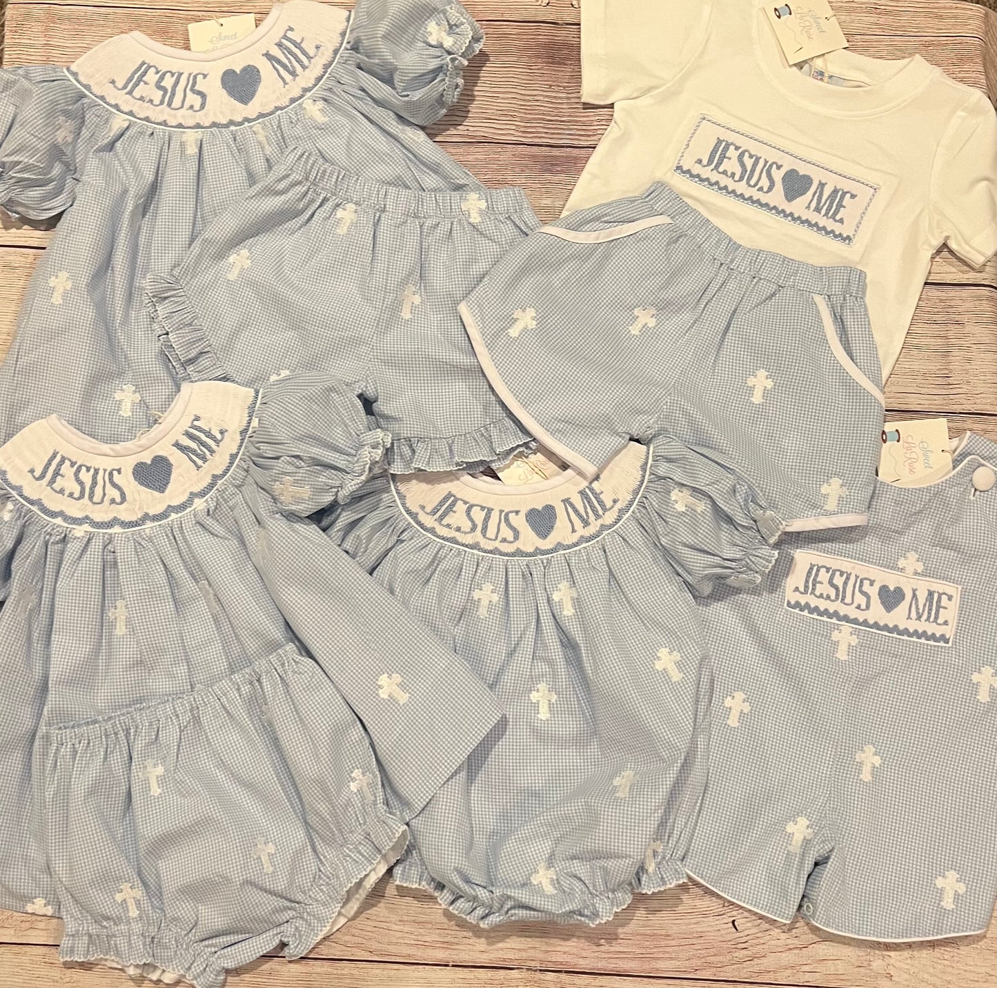 BLUE CROSS SMOCKED "JESUS 💙 ME" SHORTALL( fully lined)