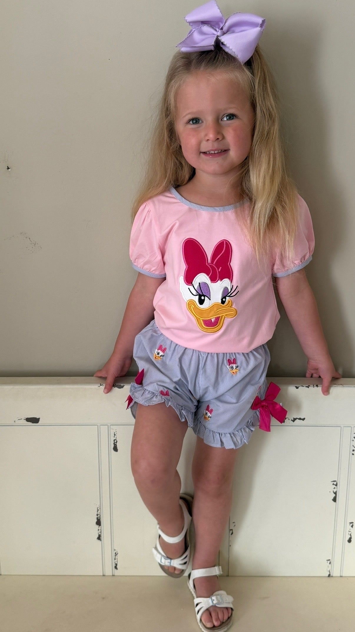 PINK / LAVENDER APLLIQUE DAISY SHORT SET(po227)