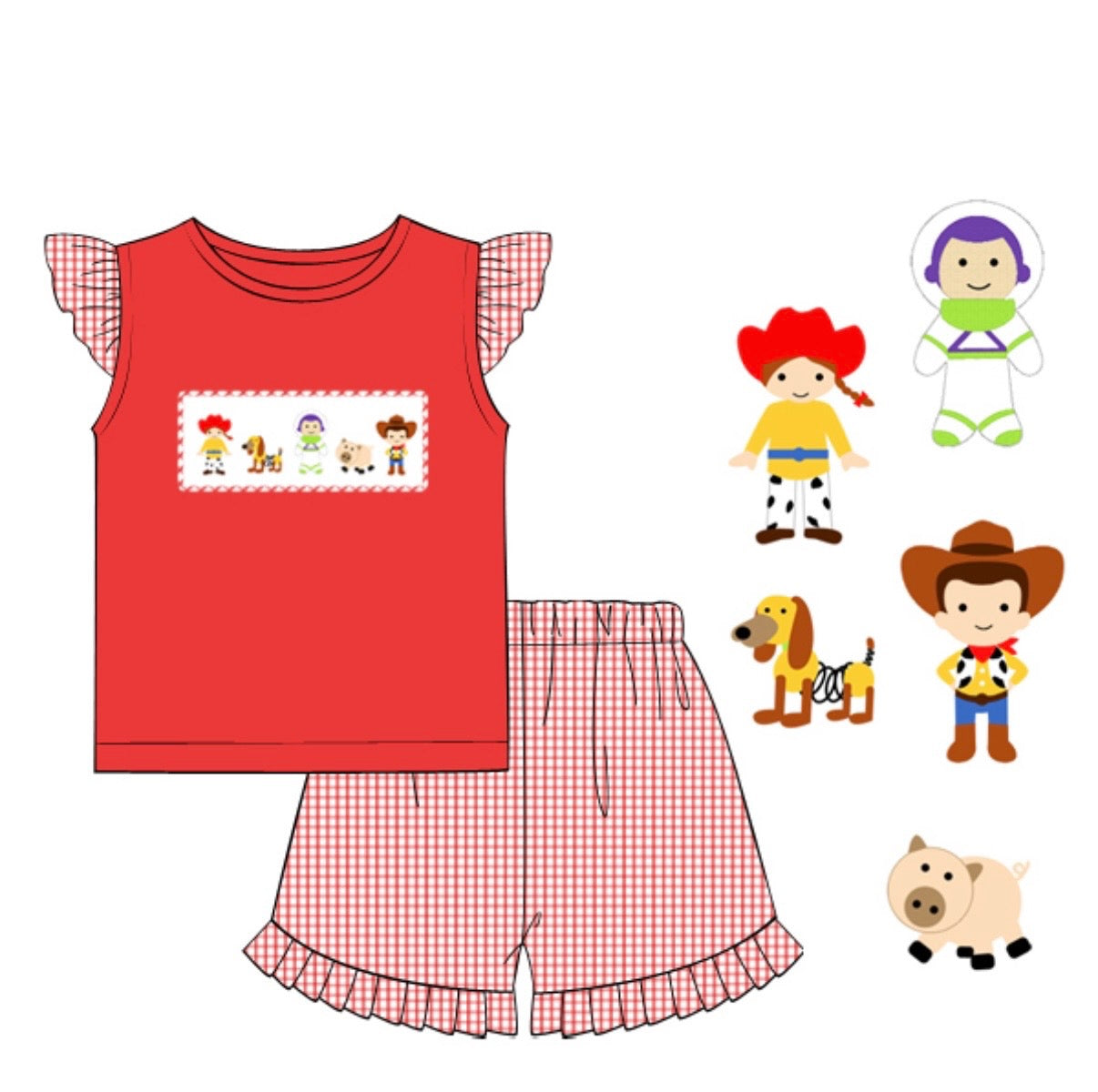 RED WINDOWPANE HAND SMOCKED TOY STORY KNIT SHORT SET(po227)