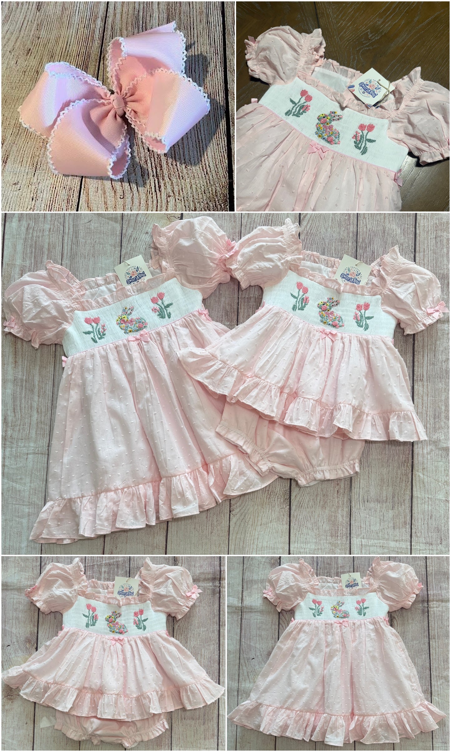 PINK DOTTED SWISS SMOCKED EASTER BUNNY DRESS (po211 extras)