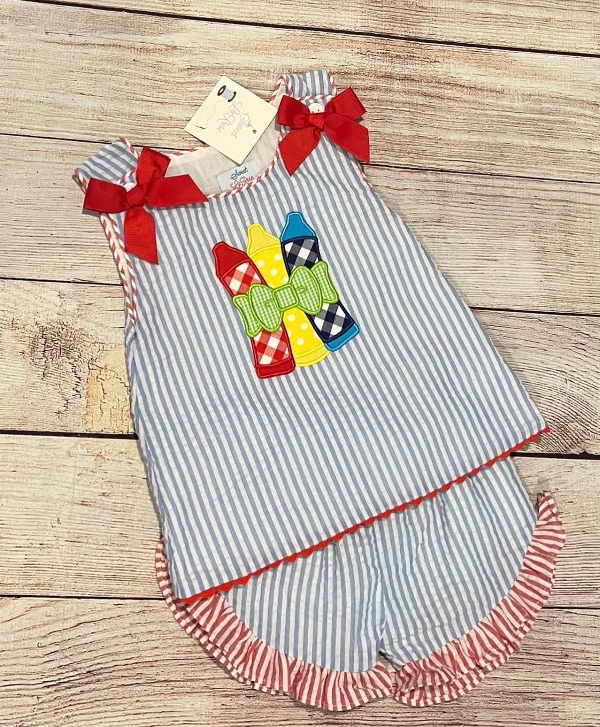 BLUE SEERSUCKER 3 CRAYON SHORT SET // ESTIMATED TO SHIP FROM THE VENDOR LATE MAY to EARLY JUNE (school)