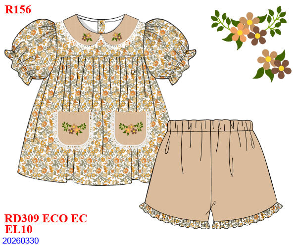 FALL FLORAL EMBROIDERED COLLAR & POCKETS SHORT SET WITH LACE // ETA MID TO LATE JUNE (po220 extras)
