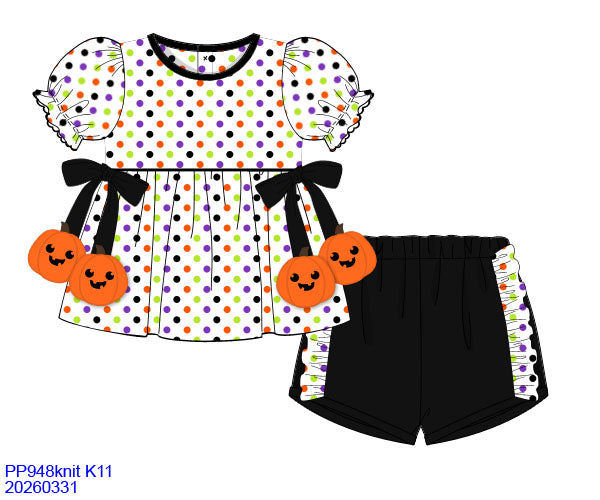 PUMPKIN POLKA DOT HALLOWEEN SHORT SET WITH PUMPKIN BOWS // ETA MID TO LATE JUNE (po220 extras)
