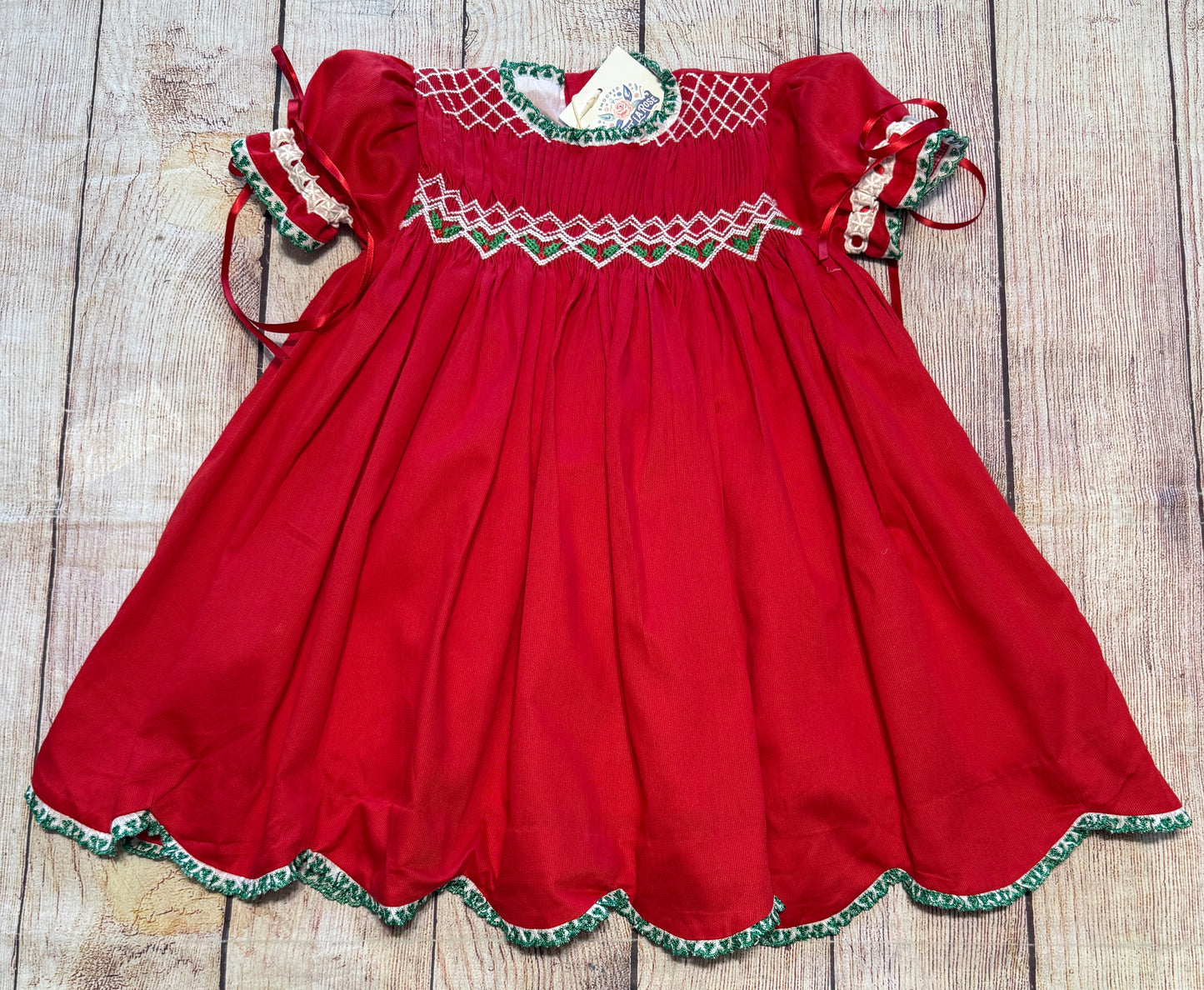RED SMOCKED GEOMETRIC DRESS w/ LACE & SATIN RIBBONS // ETA EARLY TO MID OCTOBER (po225)