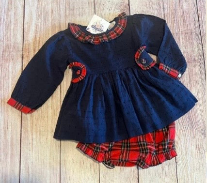 NAVY SWISS DOT RED PLAID BLOOMER SET WITH RUFFLES (FULLY LINED) // ETA EARLY TO MID OCTOBER (po225)