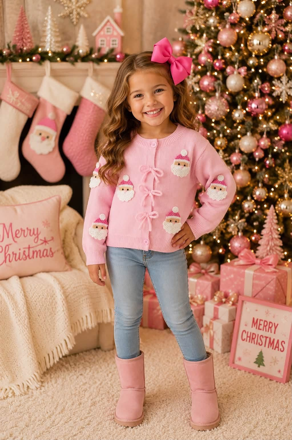 CHRISTMAS PINK SANTA BOW CARDIGAN SWEATER // ETA LATE AUGUST TO EARLY SEPT (PJS)