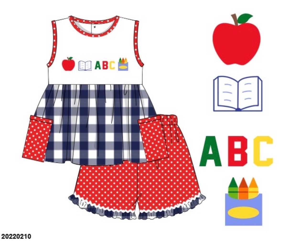 RED / NAVY ABC APPLE EMBROIDERED SHORT SET w/ POCKETS // ESTIMATED TO SHIP FROM THE VENDOR LATE MAY to EARLY JUNE (school)
