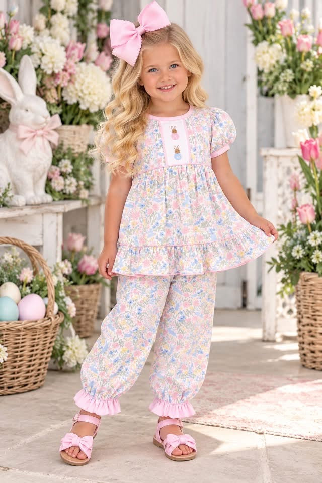 PINK & BLUE FLORAL EASTER RABBIT PANT SET (birthday)
