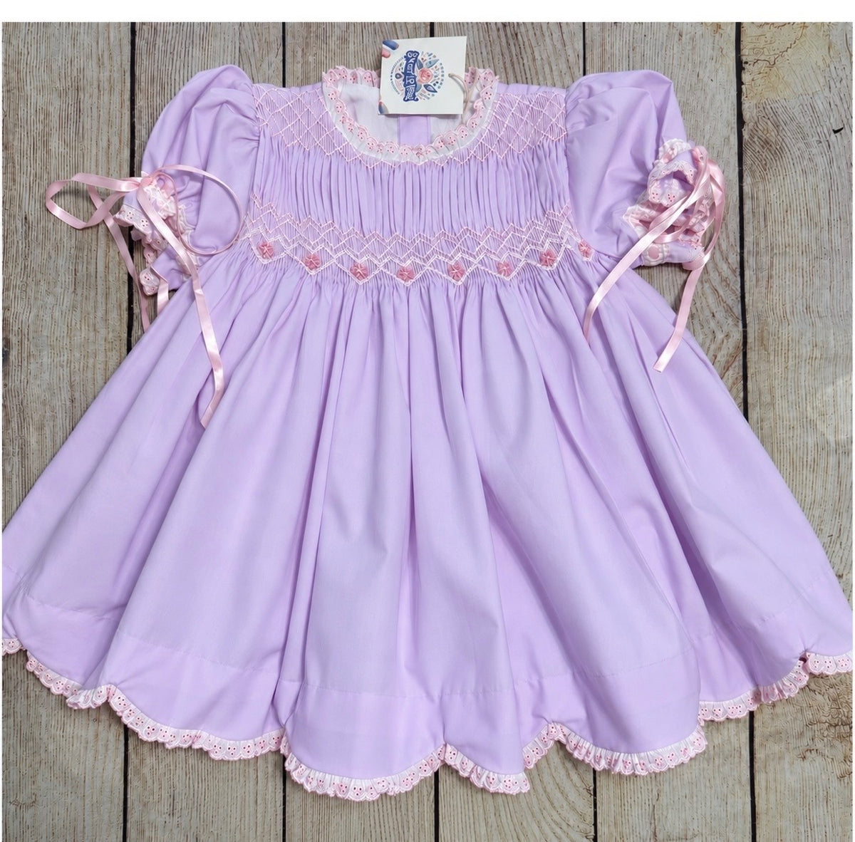 LAVENDER & PINK HAND SMOCKED FLORAL GEOMETRIC DRESS w LACE & SATIN RIBBONS (birthday)