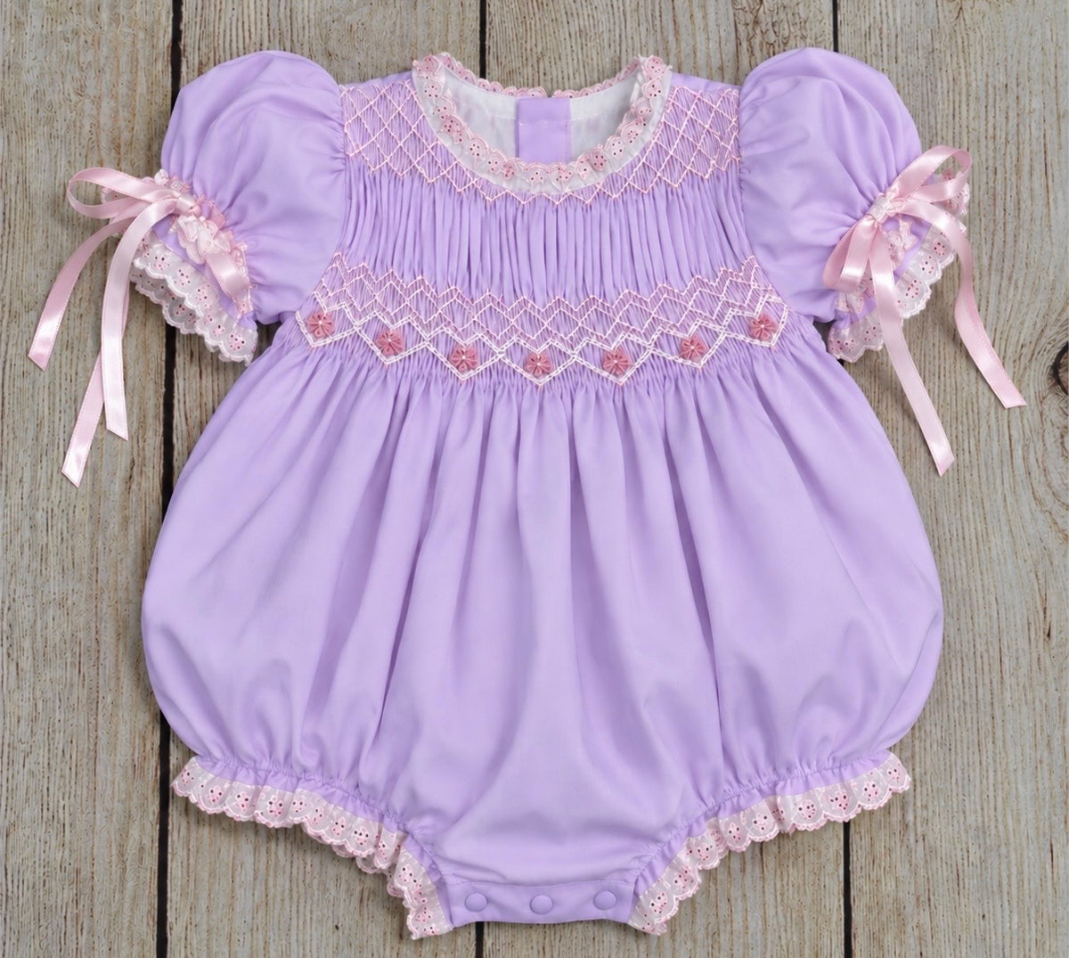 LAVENDER & PINK HAND SMOCKED FLORAL GEOMETRIC BUBBLE w LACE & SATIN RIBBONS (birthday)