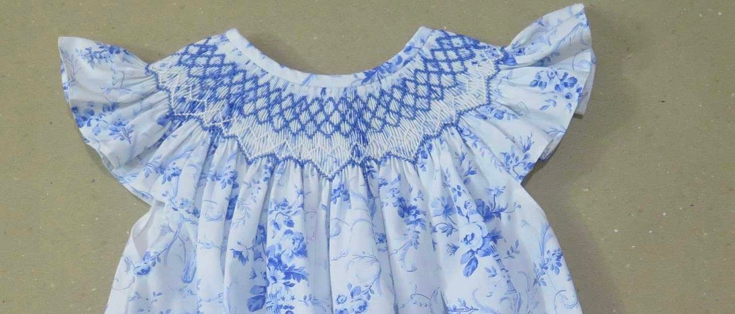 BLUE FLORAL GEOMETRIC BOW DRESS (fully lined) / (heirloom #1 extras)