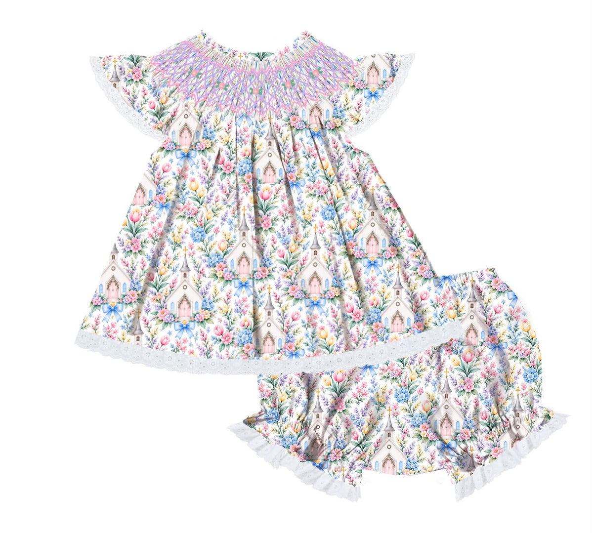 FLORAL CHAPEL GEOMETRIC BLOOMER SET w LACE (birthday)