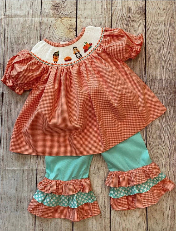 MINT / ORANGE GINGHAM THANKSGIVING PANT SET
