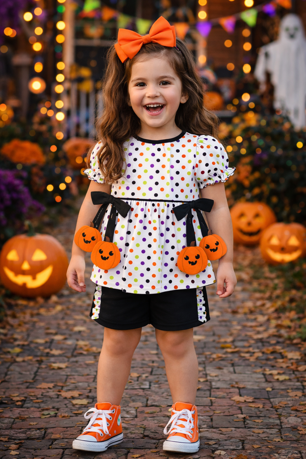 PUMPKIN POLKA DOT HALLOWEEN SHORT SET WITH PUMPKIN BOWS // ETA MID TO LATE JUNE (po220 extras)