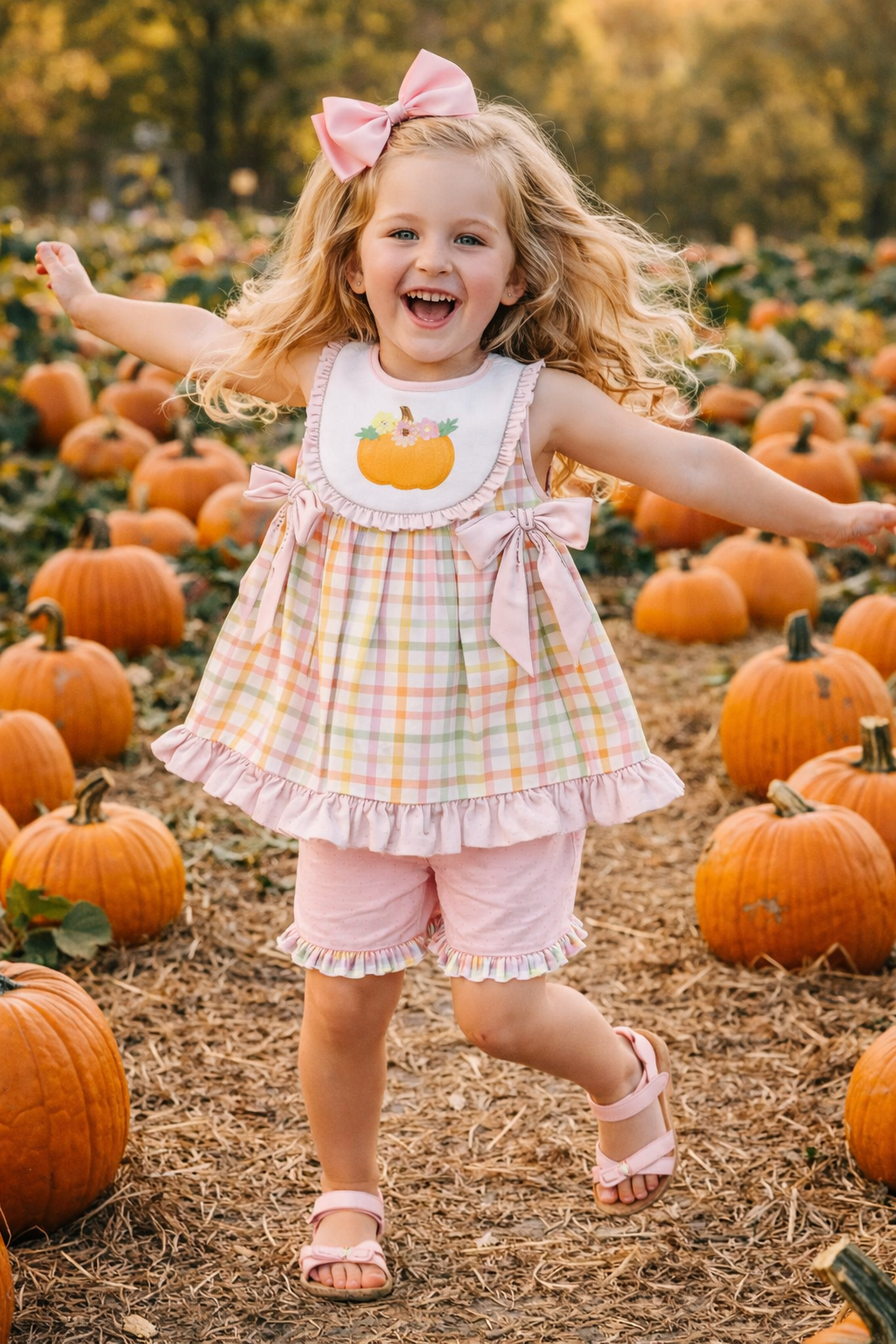 PINK PLAID PUMPKIN SHORT SET WITH BOWS // ETA MID TO LATE JUNE (po220 extras)