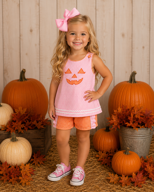 PINK / ORANGE GINGHAM JACK O’LANTERN SHORT SET // ETA MID TO LATE JUNE (po220 extras)