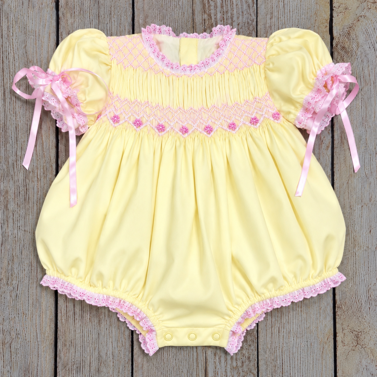 YELLOW & PINK HAND SMOCKED FLORAL GEOMETRIC BUBBLE w LACE & SATIN RIBBONS (birthday)