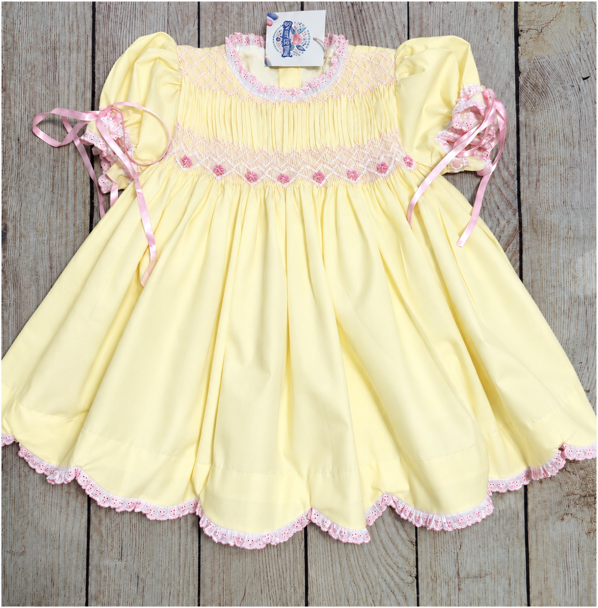 YELLOW & PINK HAND SMOCKED FLORAL GEOMETRIC DRESS w LACE & SATIN RIBBONS (birthday)