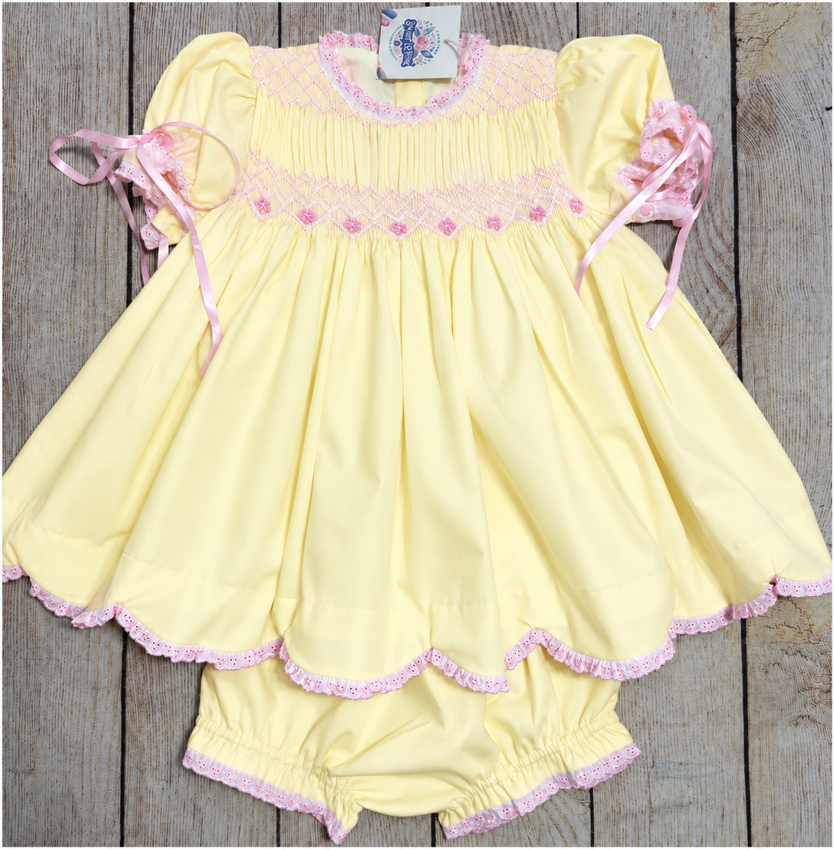 YELLOW & PINK HAND SMOCKED FLORAL GEOMETRIC BLOOMER SET w LACE & SATIN RIBBONS (birthday)