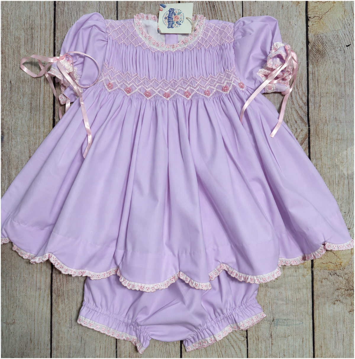 LAVENDER & PINK HAND SMOCKED FLORAL GEOMETRIC BLOOMER SET w LACE & SATIN RIBBONS (birthday)