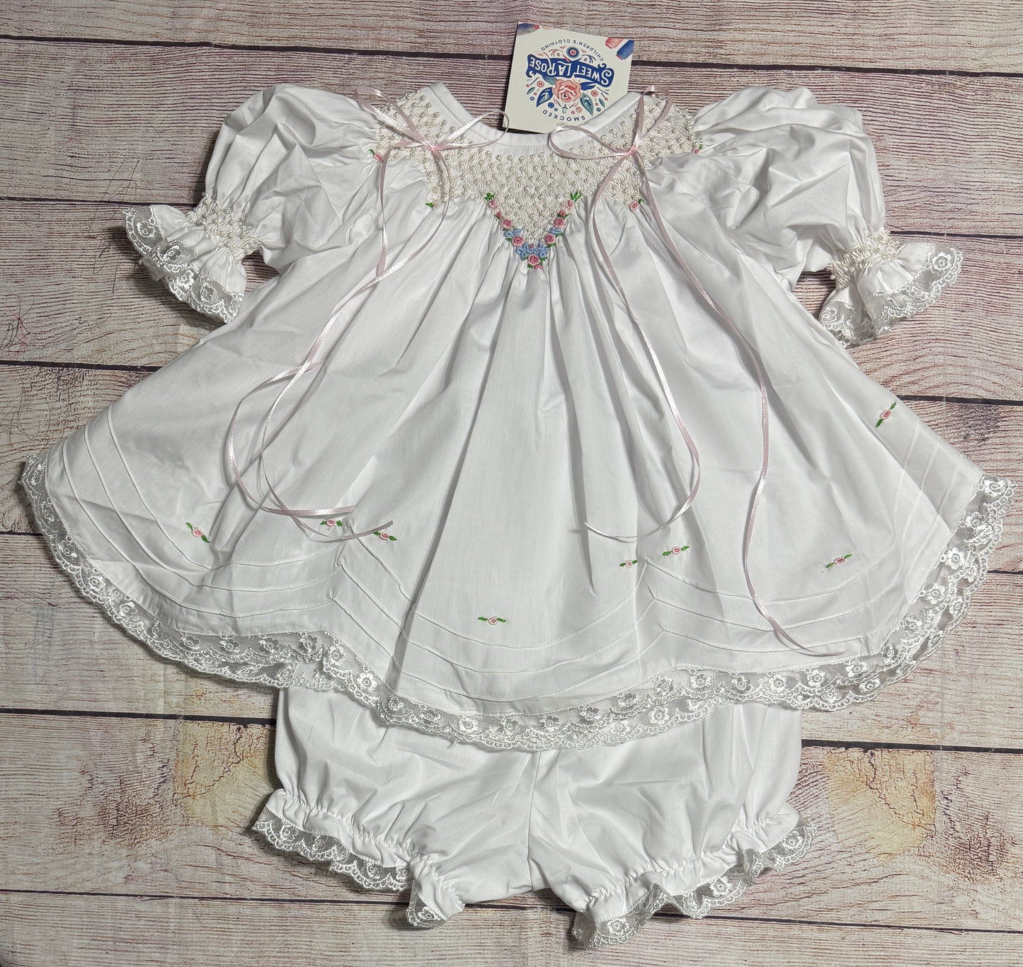 WHITE HEIRLOOM SMOCKED EMBROIDERED FLORAL BLOOMER SET w/ PEARLS & SATIN RIBBONS (heirloom #2)