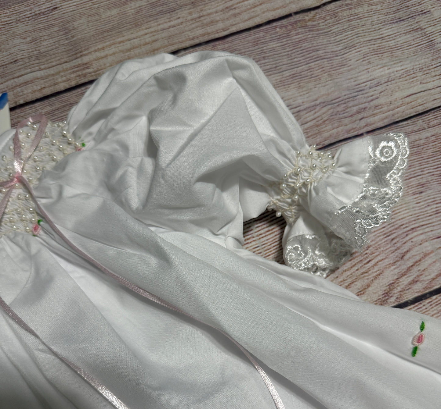 WHITE HEIRLOOM SMOCKED EMBROIDERED FLORAL BLOOMER SET w/ PEARLS & SATIN RIBBONS (heirloom #2)