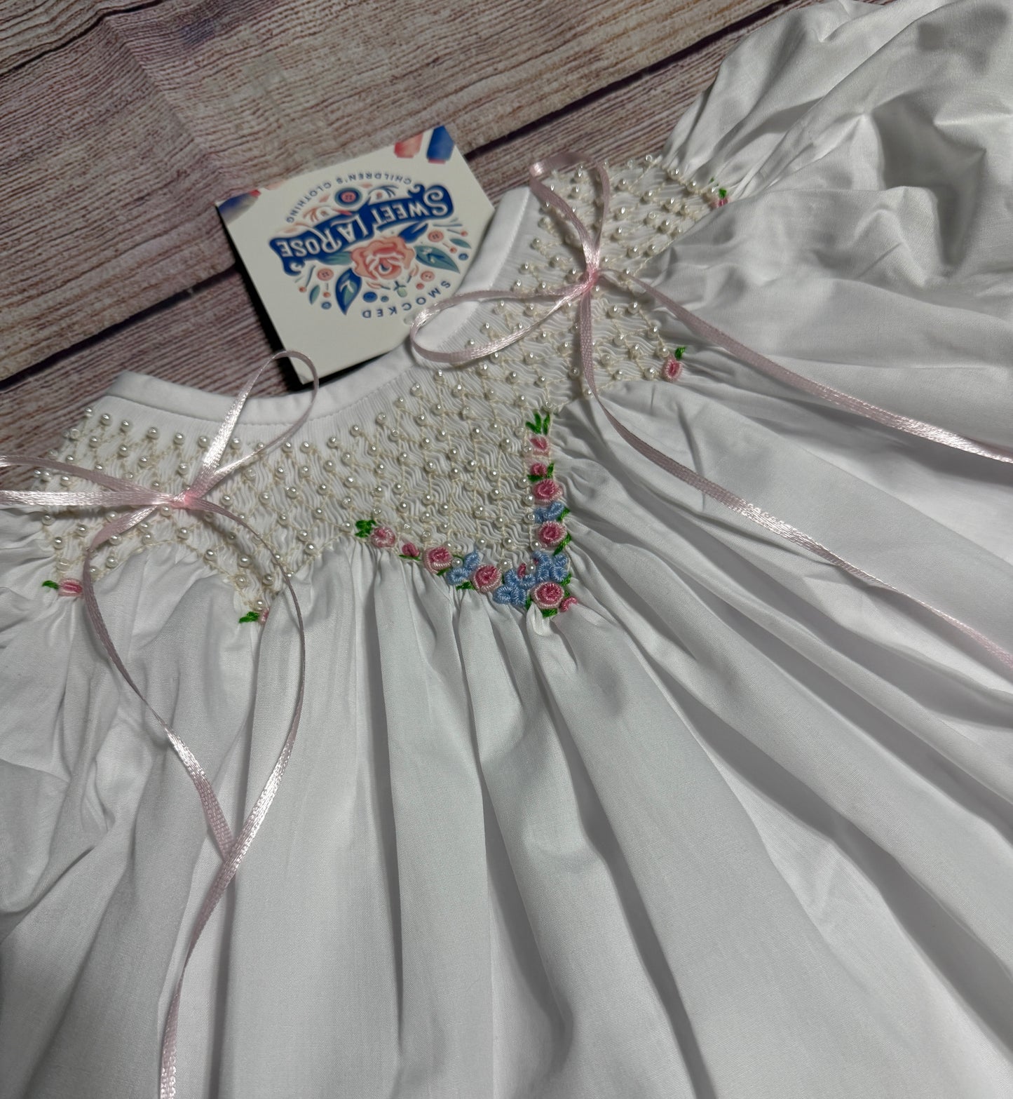 WHITE HEIRLOOM SMOCKED EMBROIDERED FLORAL BLOOMER SET w/ PEARLS & SATIN RIBBONS (heirloom #2)