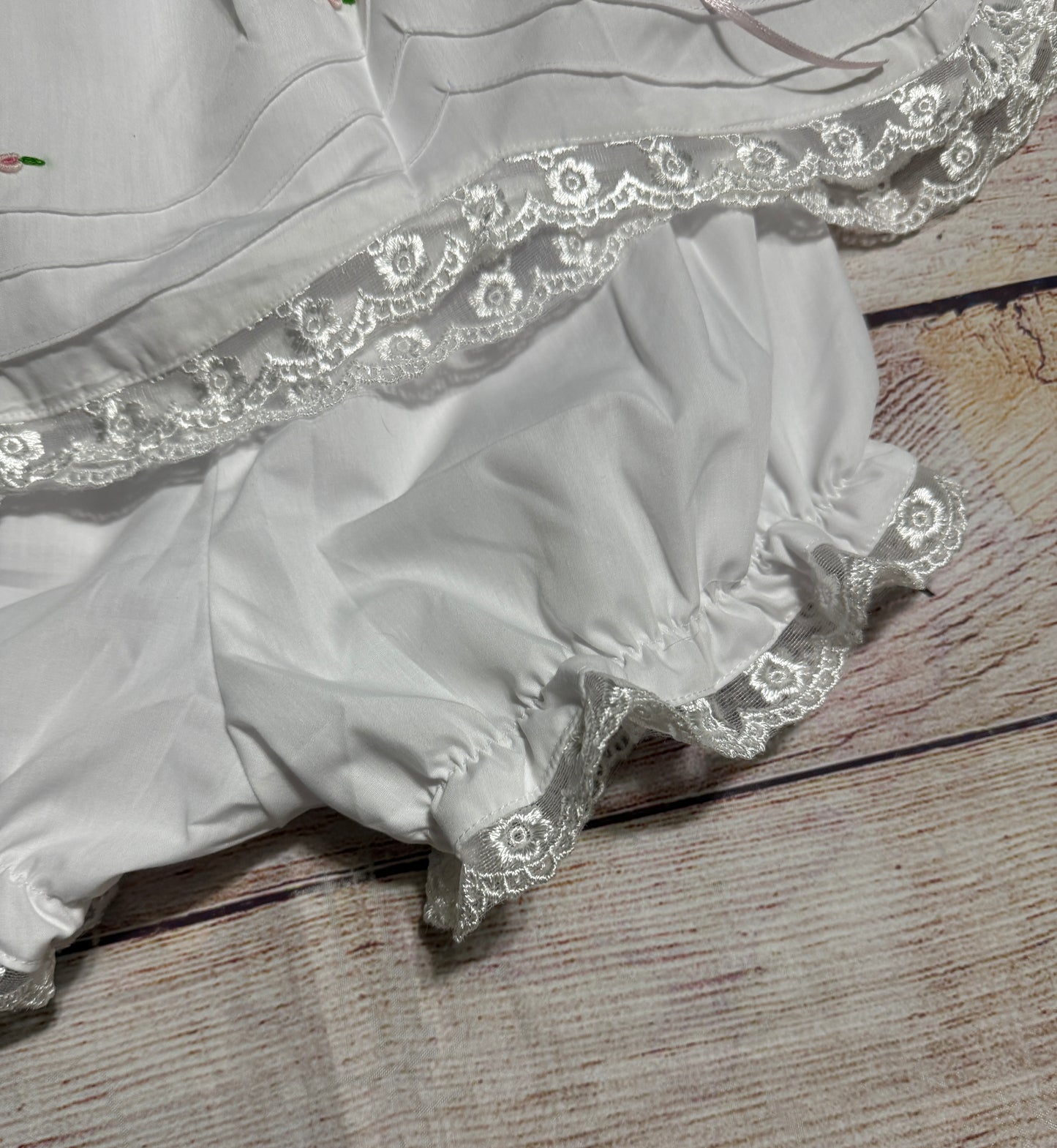 WHITE HEIRLOOM SMOCKED EMBROIDERED FLORAL DRESS w/ PEARLS & SATIN RIBBONS (heirloom #2)