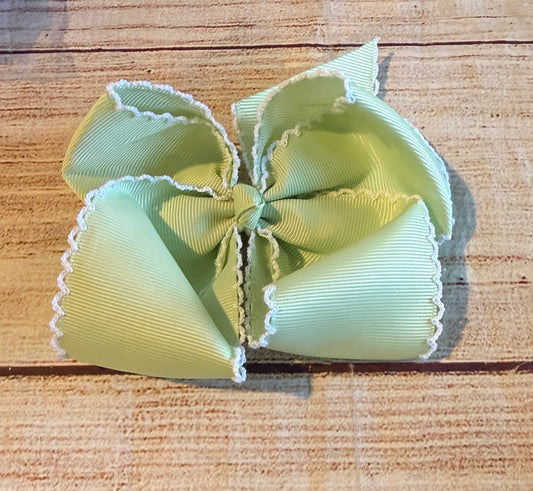 LIME GREEN HAIR BOW w/ WHITE MOONSTITCH & ALLIGATOR CLIP