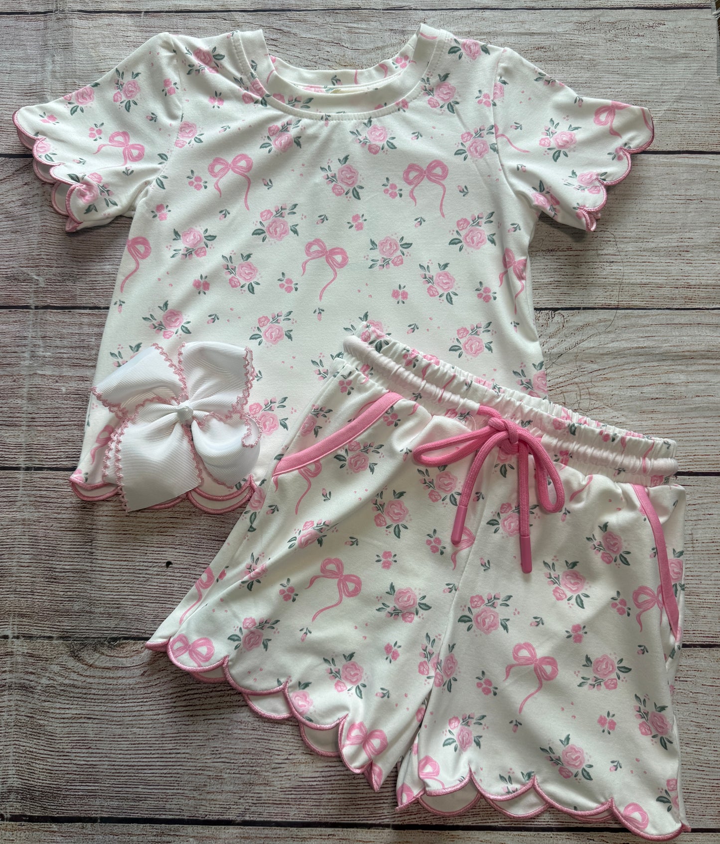 PINK FLORAL BOW SHORT SET