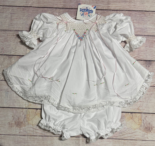 WHITE HEIRLOOM SMOCKED EMBROIDERED FLORAL BLOOMER SET w/ PEARLS & SATIN RIBBONS (heirloom #1 extras)