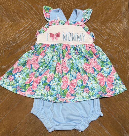 BLUE I LOVE MOMMY EMBROIDERY RUFFLE BLOOMER SET