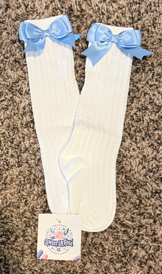 BLUE SATIN BOW SOCKS (po225)