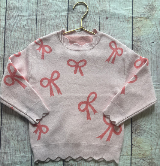CORAL BOW PINK SWEATER w/ SCALLOPED HEM