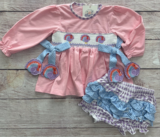 HAND SMOCKED PINK & PURPLE TURKEY BLOOMER SET / ETA LATE AUGUST (po224)