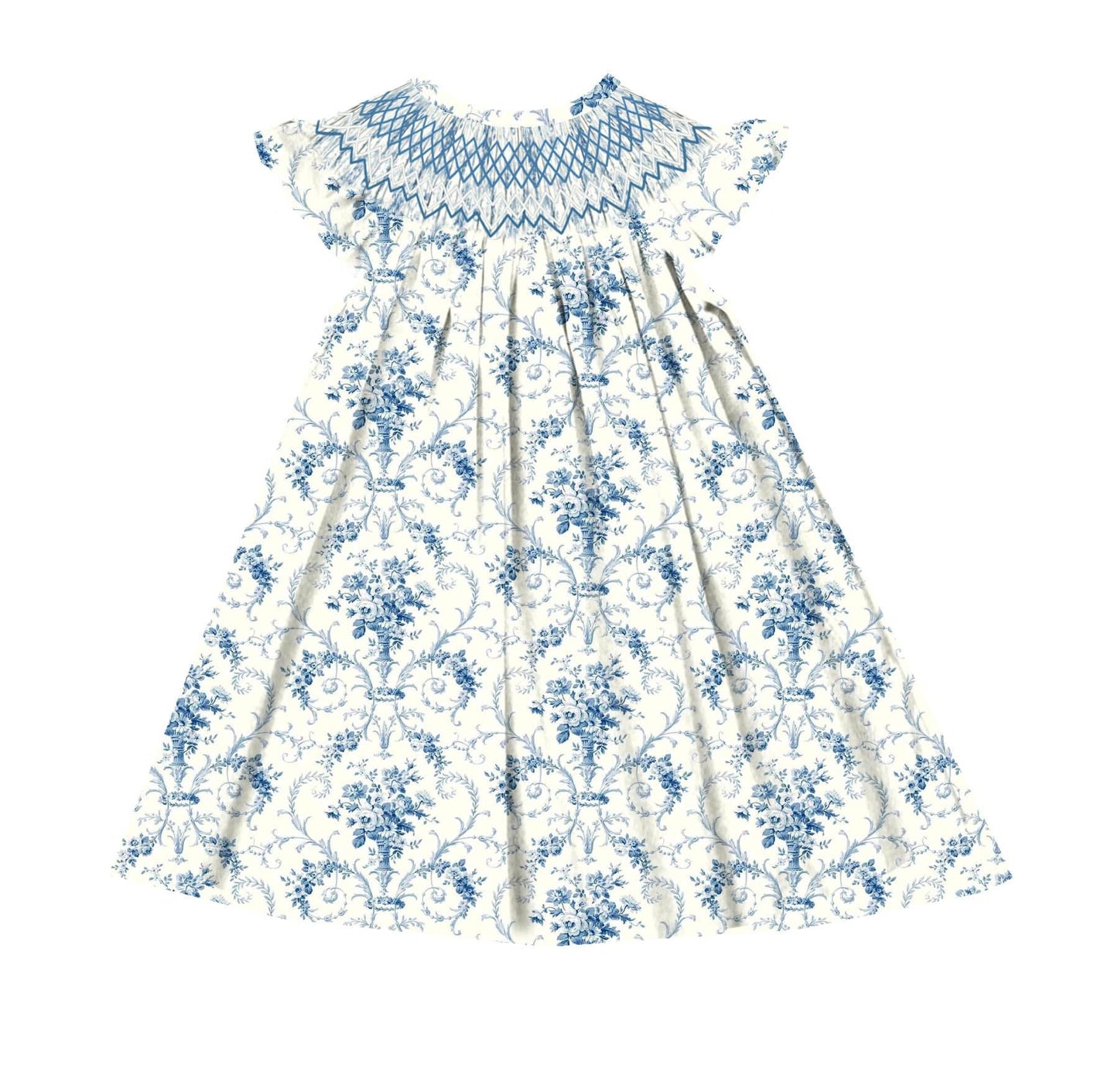 BLUE FLORAL GEOMETRIC BOW DRESS (fully lined) / (heirloom #1 extras)