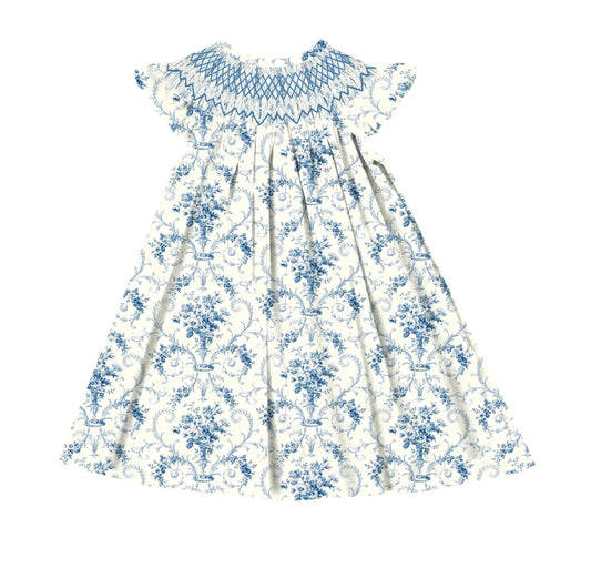 BLUE FLORAL GEOMETRIC BOW DRESS (fully lined) / (heirloom #1 extras)